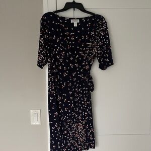 Motherhood Maternity Navy Midi Wrap Dress with Pink and Cream Petal Print